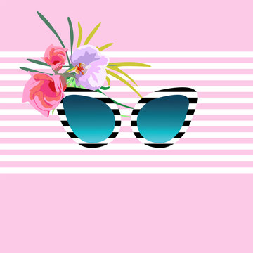 abstract draw of sunglasses, striped pattern (black and white), tropical flower orchid, pink background, logo Fashion Beauty, stylish texture summer, color vector print design