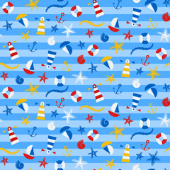 Seamless pattern with ships, lighthouses and other sea elements
