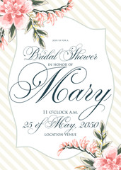 Bridal Shower Invitation with hibiskus flowers. Invitation cards with watercolor elements. Wedding collection set.  Bridal Shower Invitation with hibiskus flowers