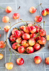 Bowl of fresh wet pink cherry
