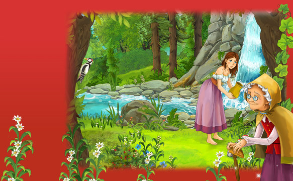 Cartoon fairy tale scene with young woman near the waterfall and older woman watching her - manga girl - illustration for children