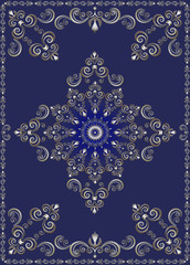 Vintage  frame with silver luxury ornament on ultramarine background


