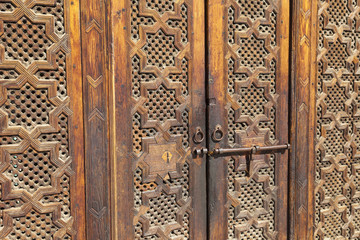 Beautiful hand carved wooden door in Marrakech, Morocco
