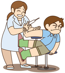 注射を怖がる男の子と困り顔の看護婦さん