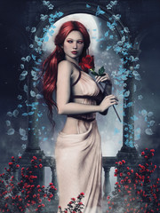 Dziewczyna z czerwoną różą na tle altany z niebieskim bluszczem i czerwonymi kwiatami © Obsidian Fantasy