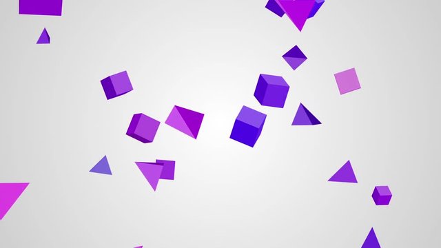 Animation of rotation violet cubes and triangles on a white background