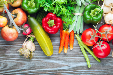 Mixed vegetables on wooden board, concept of healthy eating and diet