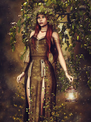 Kobieta elf z lampionem w lesie - obrazy, fototapety, plakaty