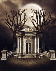 Cmentarna kaplica i martwe drzewa na tle księżyca nocą © Obsidian Fantasy