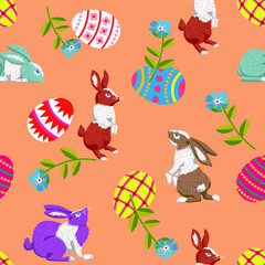 Easter seamless pattern with red,purple,grey, blue rabbits, colo