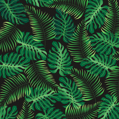Tropical foliage on a black background, pattern, palm tree leaves - vector background EPS10