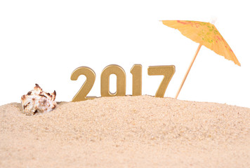 Fototapeta na wymiar 2017 year golden figures with seashell on a white