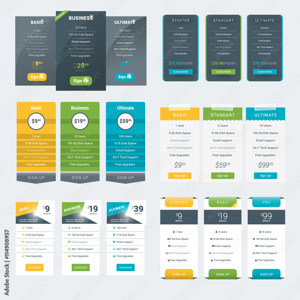 Wall mural set of pricing table design templates for websites and applications. vector pricing plans. flat styl