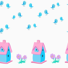 Vector  pattern with birdhouse, crocuses and birds. Seamless background for kids.