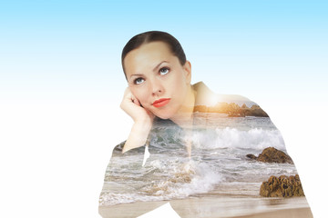 double exposure of thoughtful woman and beach