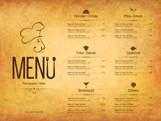 Restaurant menu design. Vector menu brochure template for cafe, coffee house, restaurant, bar. Food and drinks logotype symbol design - 114909975