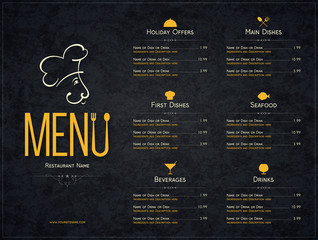 Restaurant menu design. Vector menu brochure template for cafe, coffee house, restaurant, bar. Food and drinks logotype symbol design - 114909978