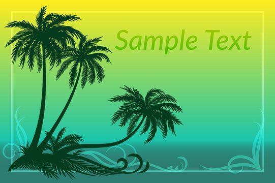 Exotic Landscape, Tropical Palms Trees Silhouettes, Grass and Floral Pattern on Sea Background. Eps10, Contains Transparencies. Vector