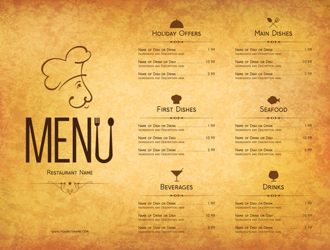 Restaurant menu design. Vector menu brochure template for cafe, coffee house, restaurant, bar. Food and drinks logotype symbol design