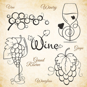 Vintage logotype for winery, vineyard, wine shop, wine list. Food and drinks logotype symbol design. Crumpled vintage paper background