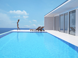 woman enjoying the sun at the endless pool. 3d rendering