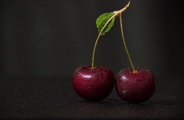 Two juicy and ripe cherry with water drops on a black background