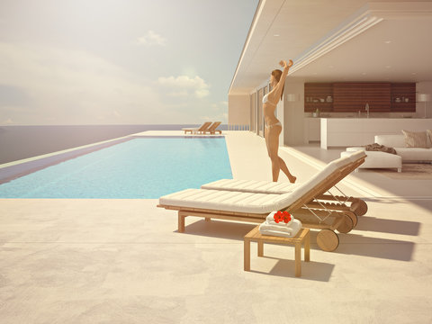 woman enjoying the sun at the endless pool. 3d rendering