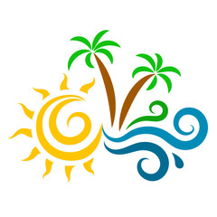 Fototapeta na wymiar The sun, waves and palm trees silhouette