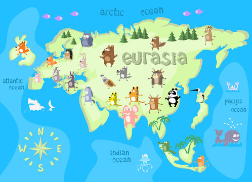 Concept design map of eurasian continent with animals drawing in funny cartoon style for kids and preschool education. Vector illustration © Dunhill