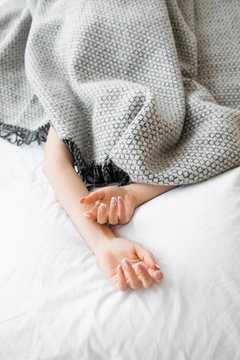 Bed Hands Protruding Blanket Woman Covered Sleeping Fatigue Loneliness Isolation Introvert Concept