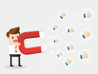 businessman using huge magnet attract a lot of positive feedback