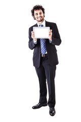 smiling and showing blank screen tablet