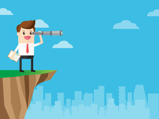 businessman standing on top cliff rock and using telescope searching for opportunities. employer finding ability to be a great employee