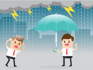 inequality between businessman standing with umbrella and another standing in the rain
