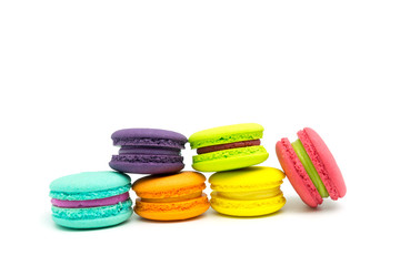Sweet and colourful french macaroons or macaron isolated on white background, Dessert.
