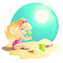 Vector summer cartoon illustration. Flat young baby girl character sitting on sand playing with sand castle. Bucket, shovel. Children illustration.