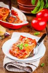 Homemade cannelloni with spinach and tomato sauce
