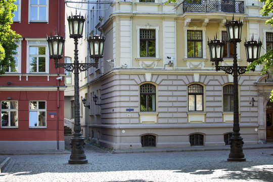 Fototapeta Street without people early in the morning. Europe. Riga