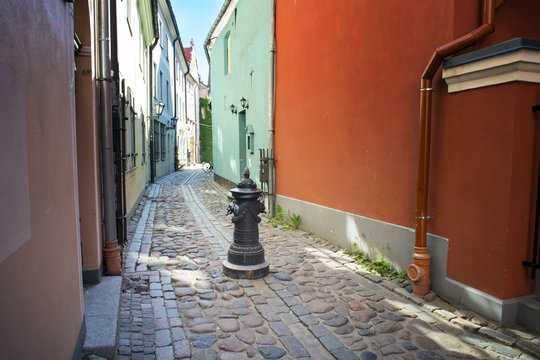 Fototapeta Street without people early in the morning. Europe. Riga