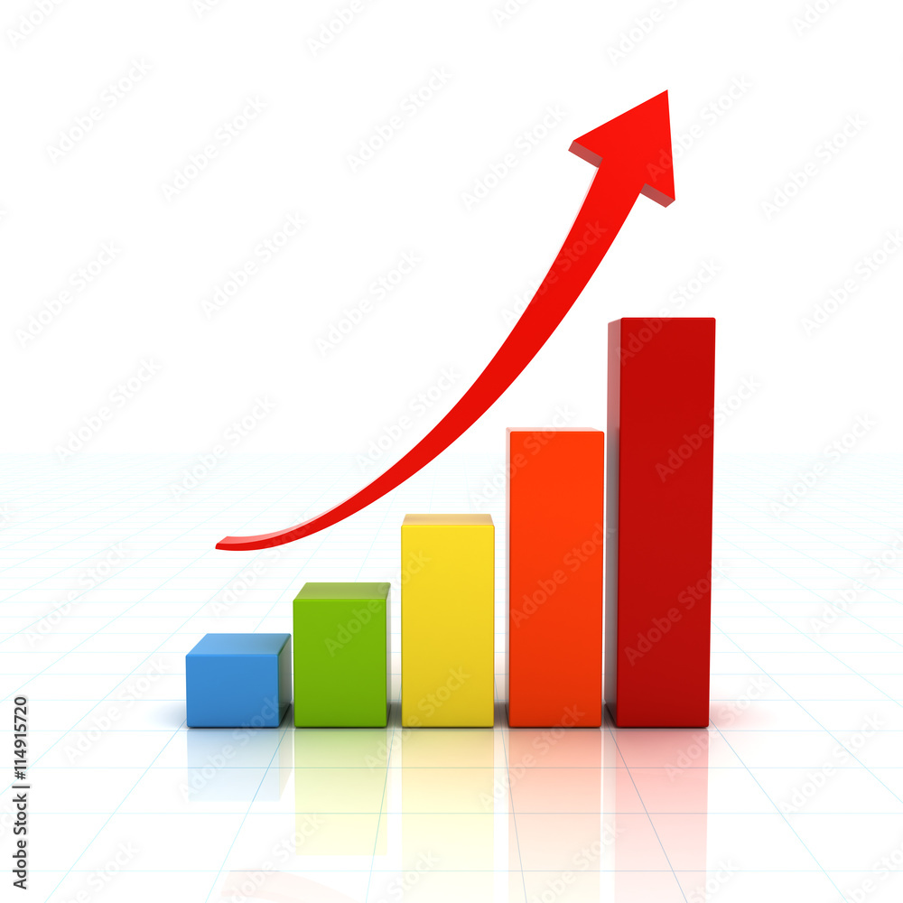 Poster Business graph chart with red rising arrow over white background with reflection 3D rendering