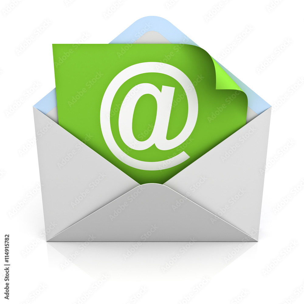 Aufkleber White at sign mail on green paper in envelope E mail concept isolated on white background with reflection 3D rendering
