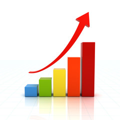 Business graph chart with red rising arrow over white background with reflection 3D rendering