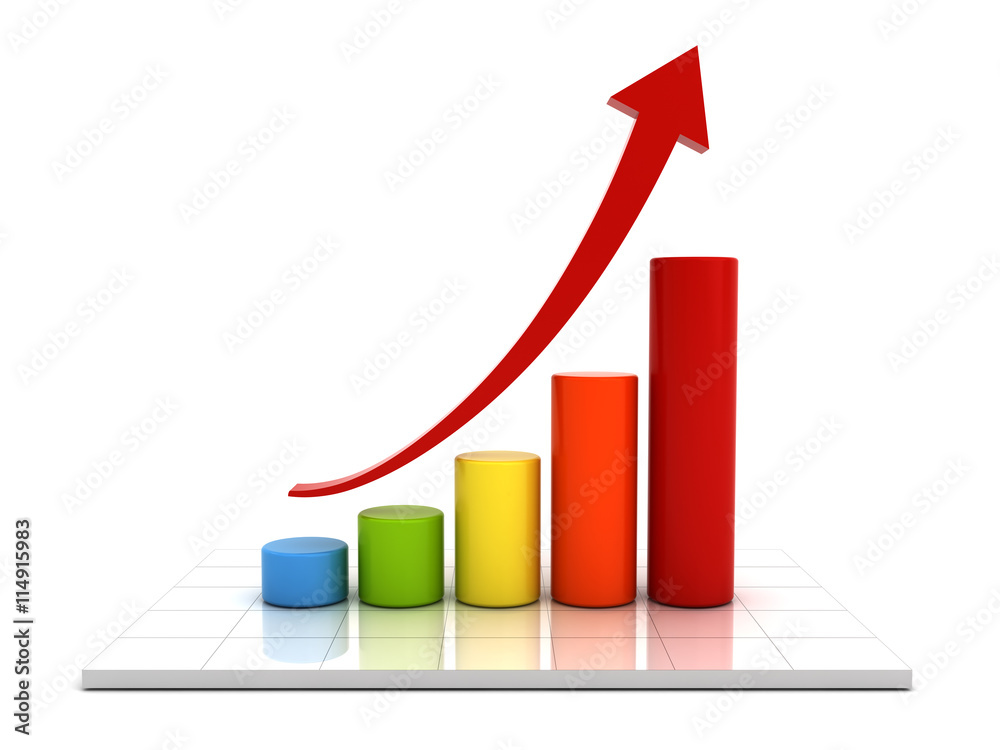 Aufkleber Business graph with red rising arrow over white background with reflection 3D rendering