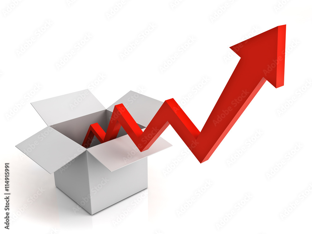 Poster Arrow graph coming from opened cardboard box isolated over white background with reflection 3D rendering