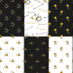Fototapeta na wymiar Gift wrap with cup, teapot and cupcakes. Dark and gold seamless wrapping paper set coffee house, café takeaway