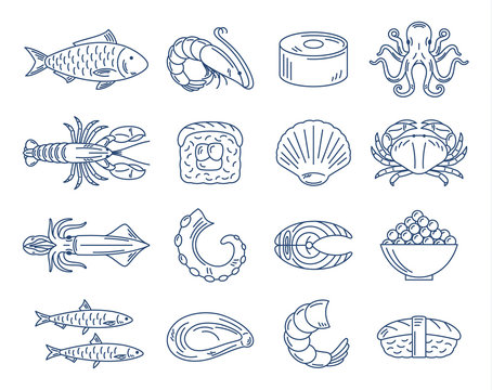 Vector seafood and sushi blue icons collection