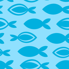 Seamless texture with different shaped fishes. Endless blue vector pattern. Template for design textile, backgrounds, packages, wrapping paper