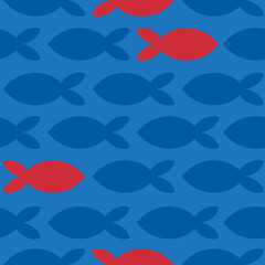 Seamless texture with different shaped fishes. Endless blue and red vector pattern. Template for design textile, backgrounds, packages, wrapping paper