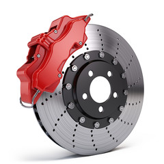 Brake Disc with Red Sport Racing Calliper isolated on white. 3d rendering - obrazy, fototapety, plakaty