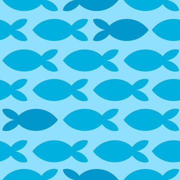 Seamless texture with different shaped fishes. Endless blue vector pattern. Template for design textile, backgrounds, packages, wrapping paper